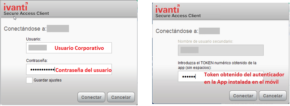 Ventanas de peticion de usuario+contraseña y de token de 2º factor de autenticación